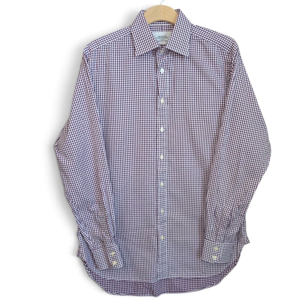 Charles Tyrwhitt Dress Shirt Mens 15.5 37 Purple White Gingham Check Long Sleeve